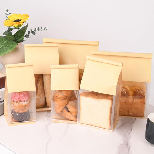 Kosotody 50 Pack Window,3.9x3.1x8.2 Inches Small Bakery Bags with Brown Kraft Paper Bakery Bag with Tin Tie Tab Lock