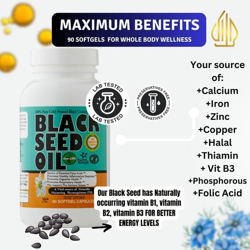 30 days Thymoquinone Pure Turkish Black Seed Oil - Antioxidant non gmo Cold Pressed gel Capsules - Kalonji Cumin Seed Oil softgel - Nigella Sativa – 90 Blackseed TQ Caps Sweet Sunnah
