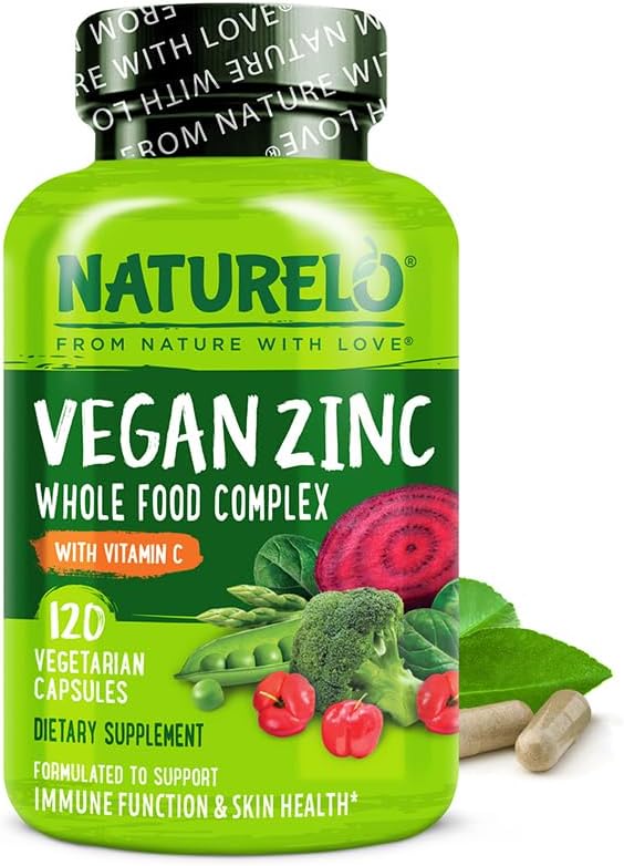 NATURELO Vegan Zinc Immune Support Capsules, Whole Food Complex with Vitamin C, 120 Capsules