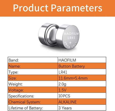 HAOFILM LR41 AG3 392 384 192 1.5V (Pack 10) Advanced Alkaline Battery, Round Coin Cell Battery