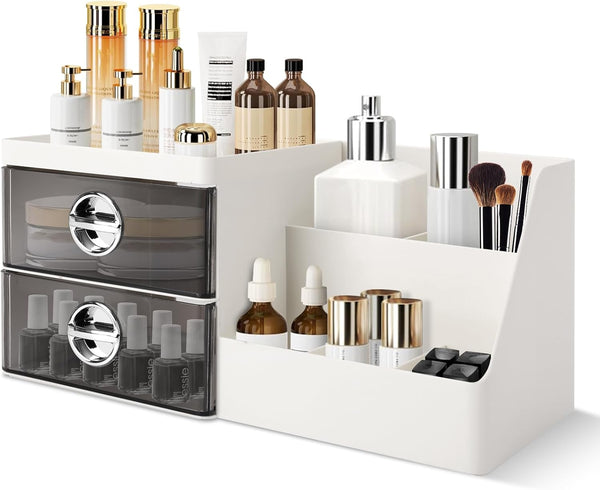 Makeup Organizer with Clear Drawers, Large Capacity Plastic Skincare Organizer for Vanity and Countertop, Gray Drawer