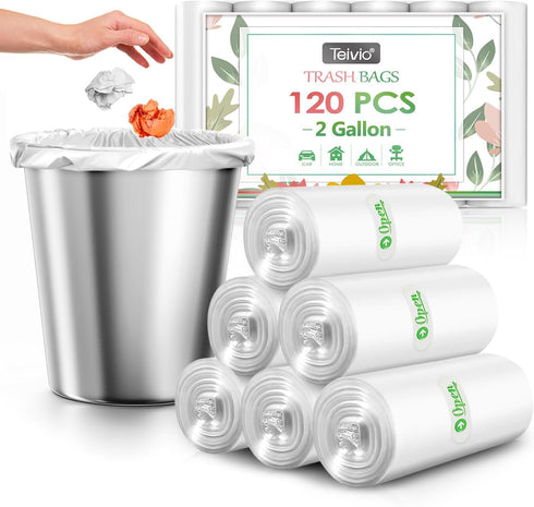 Teivio 2 Gallon 120 Counts Strong Trash Bags - Bathroom Trash Can Bin Liners for Home Office Kitchen, Clear