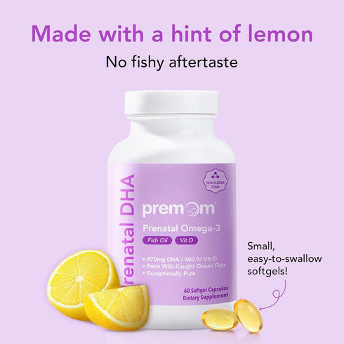 Premom Prenatal DHA Fish Oil: Omega 3 with 470mg DHA, 200mg EPA + 400 IU Vit D3 - Fertility Support for Women