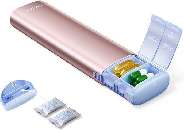 Vaydeer Metal Travel Pill Organizer Compact Weekly Pill Box for Daily Medication