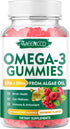 Omega-3 Gummies 1000mg, 3 600mg 300mg 60 Count Vegan Omega Fish Oil Alternative for Adults, Algae-Based DHA & EPA +