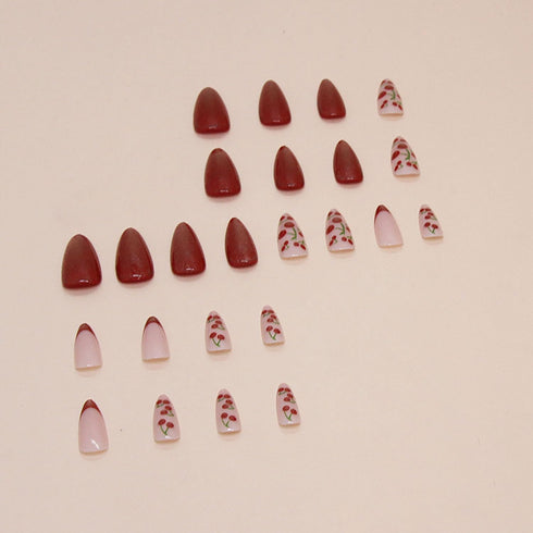Press on Nails Medium Almond SWEKKE - Magnetic French Tip Fake Nails with Cherry Designs, 24Pcs Glossy Acrylic