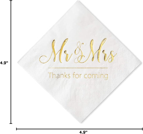Crisky Napkins Mr and Mrs Gold Cocktail Beverage Dessert, 100 Pcs for Wedding Party Decorations