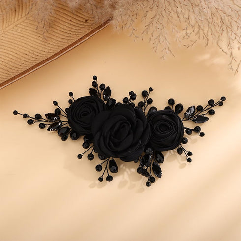Kercisbeauty Soft Chiffon Black Rose Flower Headband, Handmade Rhinestones Hair Jewelry for Women