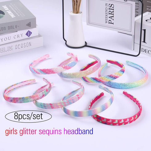 Rainbow Headbands, 8 Pcs Sweet Hairbands for Girls, Sequin Printed Heart Mermaid Kids Hair Pieces