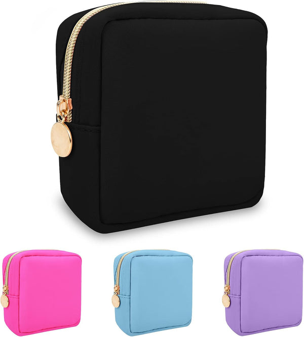 Nylon Mini Makeup Bag for Purse, Preppy Small Black Zipper Pouch, Waterproof Travel Coin Pouch for Women (Black)
