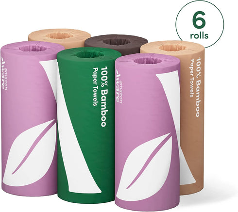 Amazon Aware 100% Bamboo Paper Towels, 6 Rolls, 2 Ply, FSC Certified, 150 Sheets, 900 Count, Plastic-Free, Multicolor