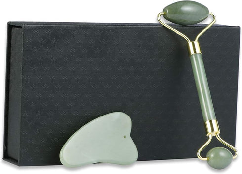 rosenice Set 5.90X1.96X1.18In Green-Set Jade Beauty Vessel Gua Sha Massage Tool with Roller and Scraping Plate
