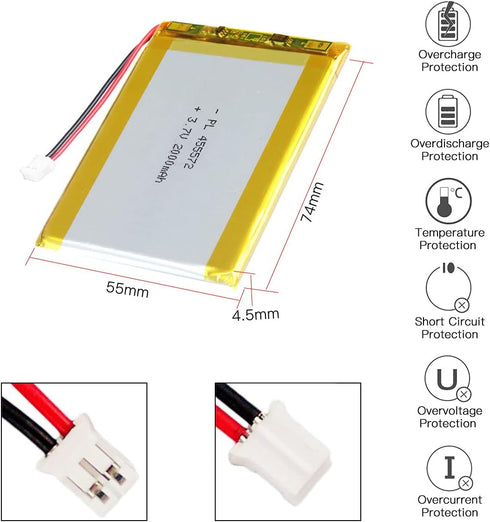 3.7V 2000mAh 455572 Lithium Polymer Ion Battery Rechargeable Lipo Battery with PH 2.0mm Pitch Connector