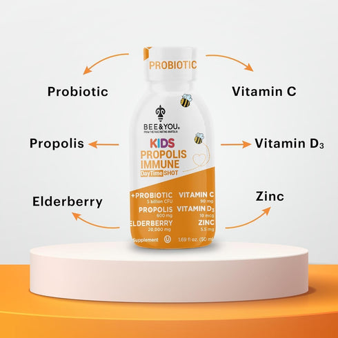 BEE and You Kids Propolis Immune Day Time Shot - 1.69 Fl. oz, 12 Pack - Probiotic, Vitamin C, D3, Zinc for Immune