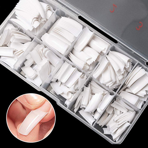 krofaue 500PCS French Style False Nails Tips, Acrylic Artificial Half Cover Manicure with Box of 10 Sizes (White)