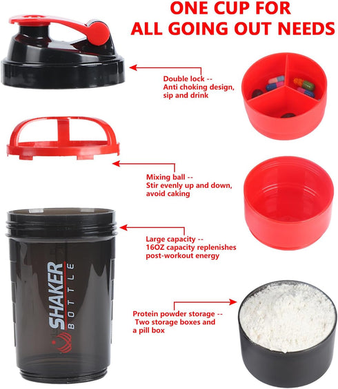 Protein Shaker Bottle, 16 oz Sports Water Bottle with Storage, Non-Slip 3 Layer Twist Off Cups & Pill Tray