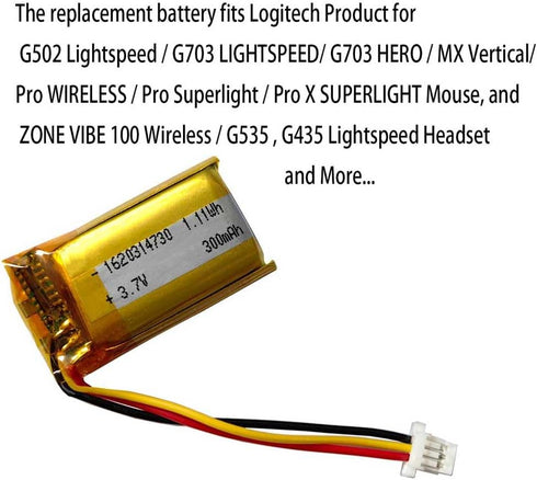 AOLIKES 300mAh Battery Replacement for Logitech MX Vertical, G PRO X Superlight, G502 Lightspeed, G703 Hero, Zone Vibe
