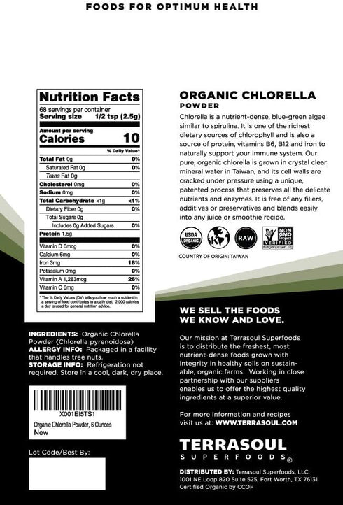 Terrasoul Superfoods Organic Chlorella Powder, Cracked Cell Walls, 6 Ounces