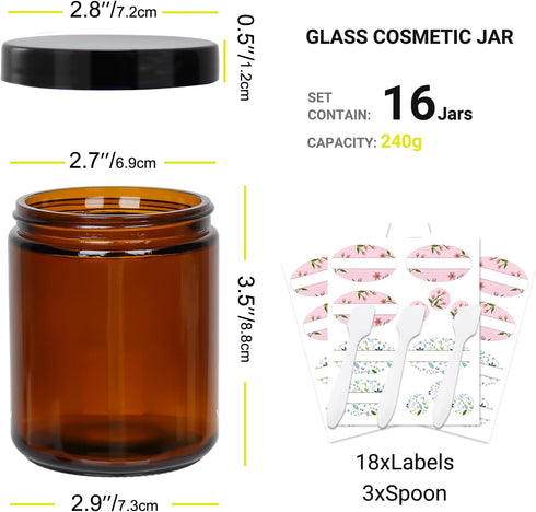 Keketin 8 oz Amber Glass Jars,16 Pack Empty Cosmetic Containers with Inner Liners and Black Lids,Refillable Round Cream Jars for Lotion,Ointments,Bath Salts,Makeup,Slime and Travel by Keketin