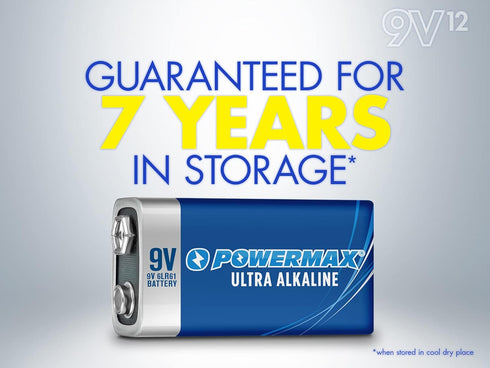 Powermax 12-Count 9V Batteries, Ultra Long Lasting Alkaline, 7-Year Shelf Life