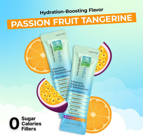 Travel Vitamin Tonic for Flight - Jet Lag, Hydration, Circulation, Immune Support, Passion Fruit Tangerine, 15 Sticks