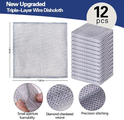 Vhalyx 12pcs 7.87"x7.87". (12, (12pcs[Three-Layer 7.877.87inch) Scratch-Free Steel Dishcloths. Reusable, Quick-Dry