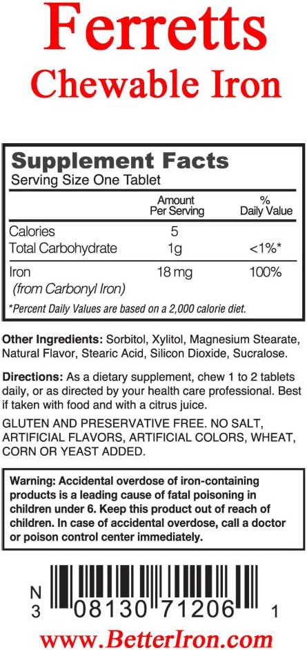 Ferretts Chewable Iron Supplement, 60 Chewable Tablets, 18mg of Iron