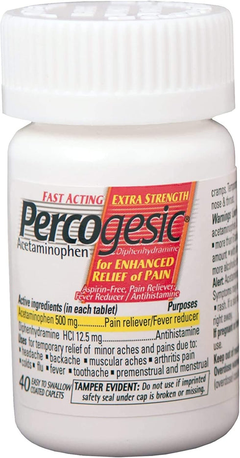 Percogesic Extra Strength Pain Relief Tablets, Acetaminophen & Diphenhydramine, 40 ct (Pack of 1) Aspirin Free