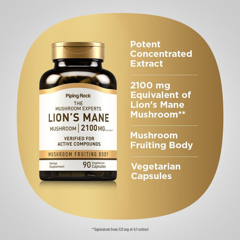 Piping Rock Lions Mane Supplement Capsules | 90 Count | 2100mg | Vegetarian, Non-GMO, Gluten Free | Hericium Erinaceus