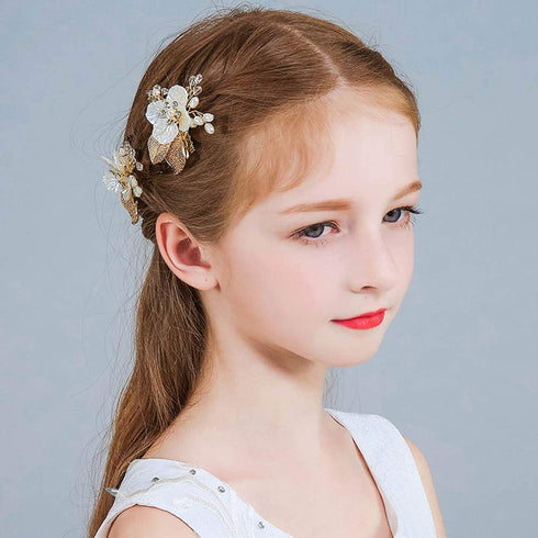 PRDGIRL Pack of 2 Wedding Flower Girl Hair Pins, Bride Pearl Hair Piece Crystals Hair Clips for Women and Girls (Gold)