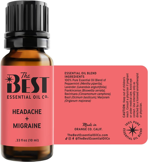The Best Headache + Migraine Essential Oil Blend - 100% Pure & Natural for Aromatherapy, Diffuser, Spa, 10 ml (.33 fl
