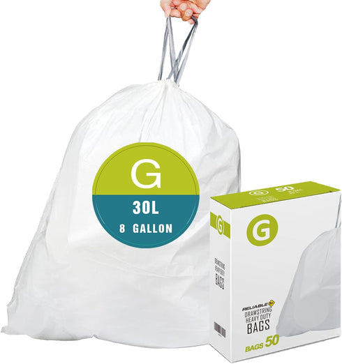 Code G Heavy Duty Trash Bags, 8 Gallon, 50 Count, with Reinforced Drawstring, Compatible with simplehuman