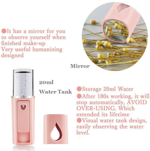 Portable Nano Facial Mister, Mini Facial Steamer with Mirror & 20ml Visual Water Tank (Pink)