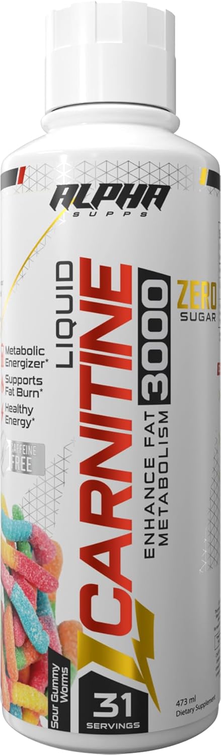 L-Carnitine 3000 mg Liquid - Stimulant-Free Amino Acid, 31 Servings, Sour Gummy Worms