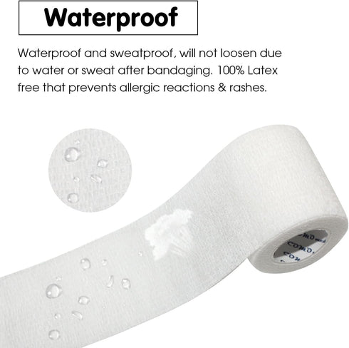 Self Adherent Cohesive Bandage 2"x5 Yards, Stretch Sport Athletic Wrap for First Aid, White (12 Rolls)