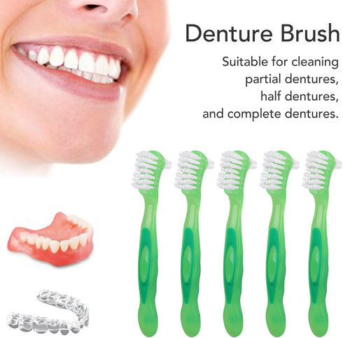 5pcs Denture Brush Set - Brushes Double Bristle Head for Denture Care (Green)