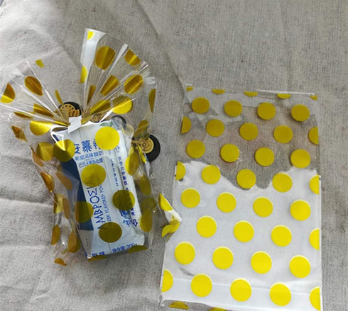 JHere 100 Pack 100Pcs 5.1'' 8.2'' 1.5'' Gold Polka Dot Candy Bags with Gold Metallic Twist Ties, Clear Plastic Treat