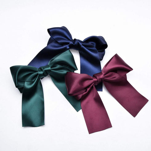 Set of 8 Big Satin Solid Ribbon French Barrette - Large Soft Silky Hair Bow Clip for Women