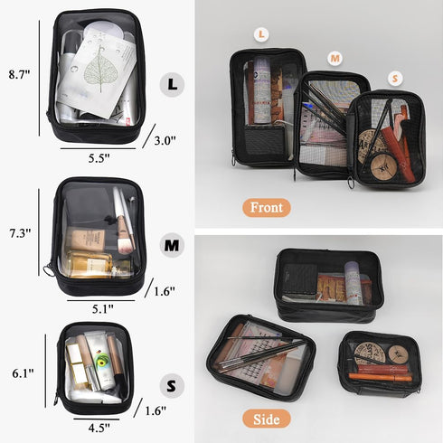 Mesh Makeup Bag Set, 3 Pcs Lightweight Cosmetic Bags with Zipper (S, M, L)
