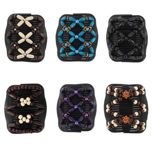 Yeshan Magic Hair Side Combs for Women - Wood Beaded Stretch Double Clips Bun Maker Accessories, Pack of 6