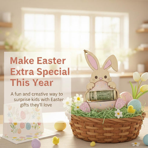 Set 2 3D of Easter Money Holder Bunny Egg Cash Holder, Wooden Basket Stuffers for Kids,Toddlers, Baby Boy Girl, Easter