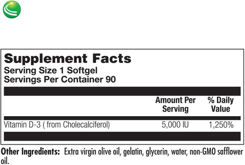 Nutra BioGenesis Vitamin D 5000 - Vitamin D3 5000 IU for Calcium Absorption and Immune Function - 90 Softgels