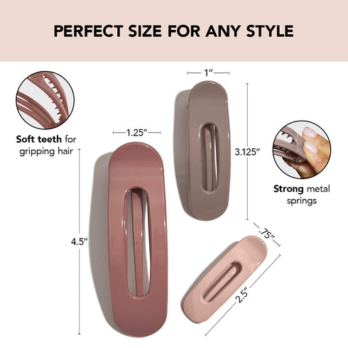 Kitsch 3pc Flat Hair Clips for Women, Terracotta Recycled Lay Flat Claw Clips for Thick Hair