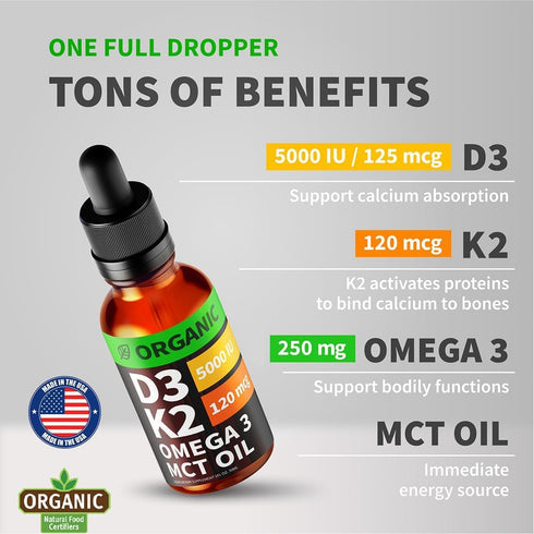 (2 Pack) Organic Vitamin D3 K2 Drops with MCT Oil, 5000 IU, Non-GMO, Unflavored, 2 Fl Oz
