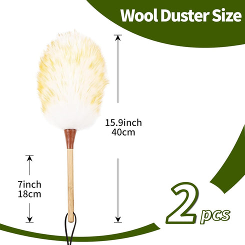 Lambswool Duster (2PCS) - 15.9 Inch Handheld Wooden Wool Duster for Cleaning Windows, Blinds, and Furniture