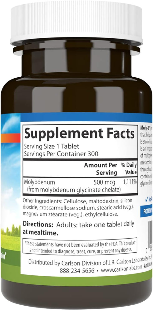 Carlson - Moly-B, Chelated Molybdenum Supplements, Metabolism Support, 300 Vegetarian Tablets