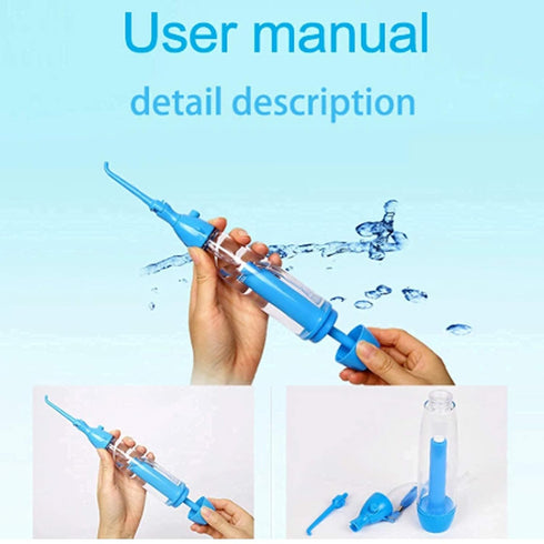 Portable Water Dental Flosser, Non-Electric Oral Irrigator, Cordless Manual Air Pressure for Home and Travel, Blue