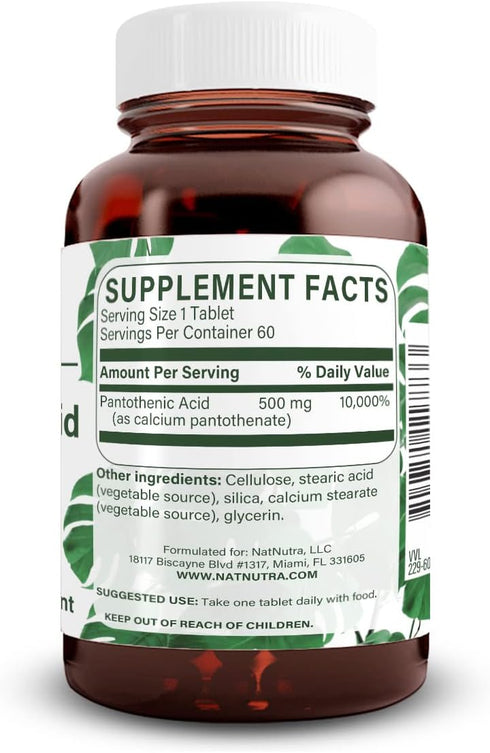 Natural Nutra Time Release Pantothenic Acid 500 mg, Vitamin B5 Supplement, 60 Vegetarian Tablets