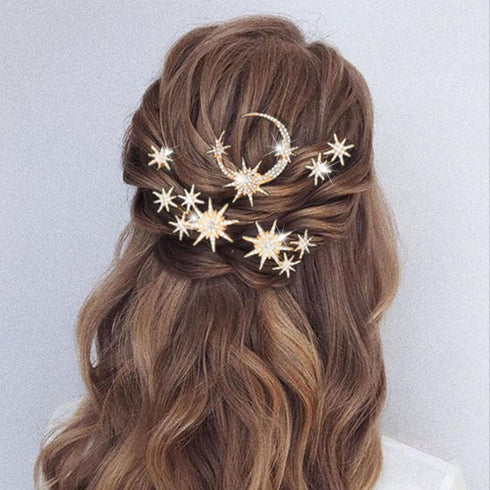 Unicra Crystal Bridal Hair Pins Pack of 5, Gold Star Moon Goddess Hair Accessories for Women and Girls