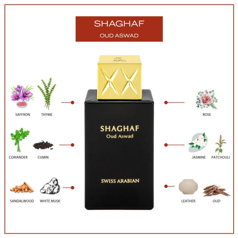 Swiss Arabian Shaghaf Oud Aswad, Luxury EDP Spray Fragrance from Dubai, Long Lasting Signature Aroma, 2.5 Oz